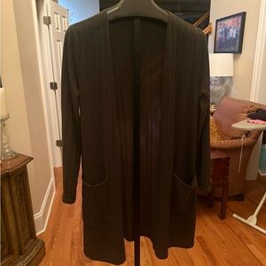 Arianna long length open front dark green sweater